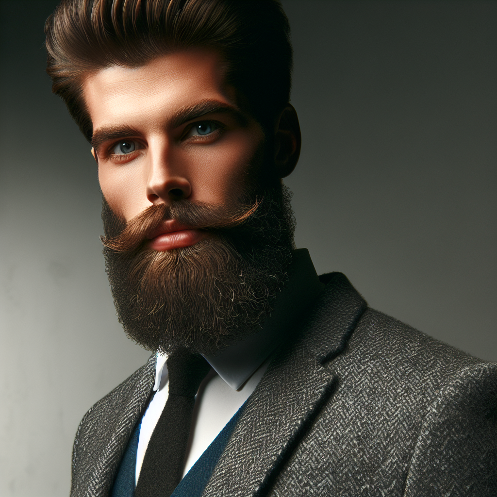 Realistic image of a well-groomed man with a neatly trimmed beard in a modern, minimalistic setting.