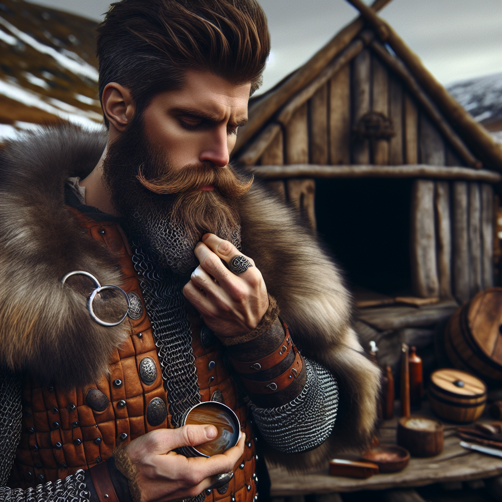 A realistic image of a Viking warrior engaged in beard care.
