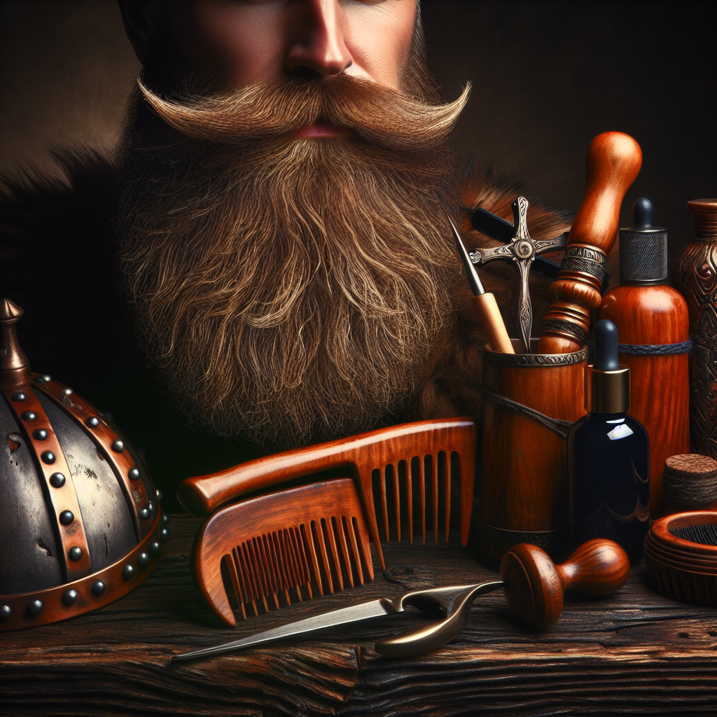 Realistic Viking beard care setup in a rustic Norse setting.