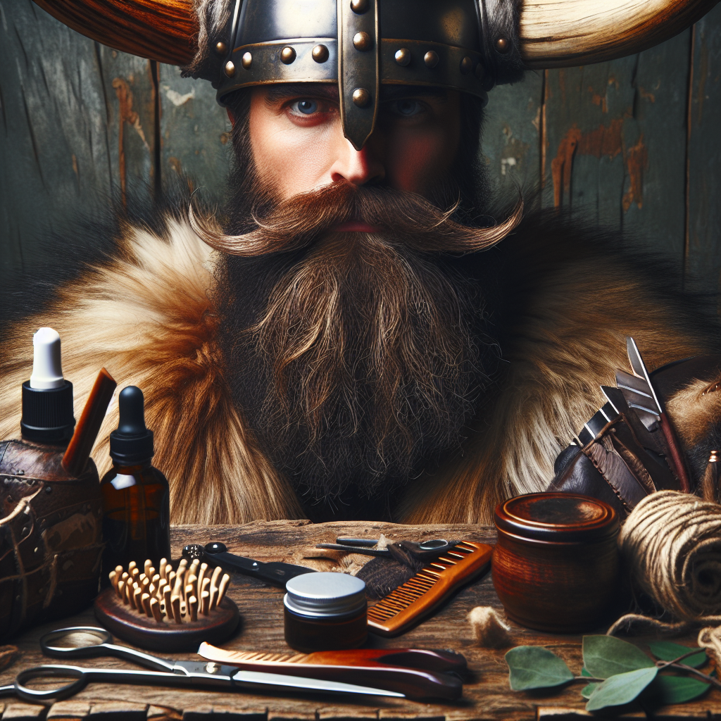 A Viking man demonstrating beard care with various grooming products in a rustic setting.
