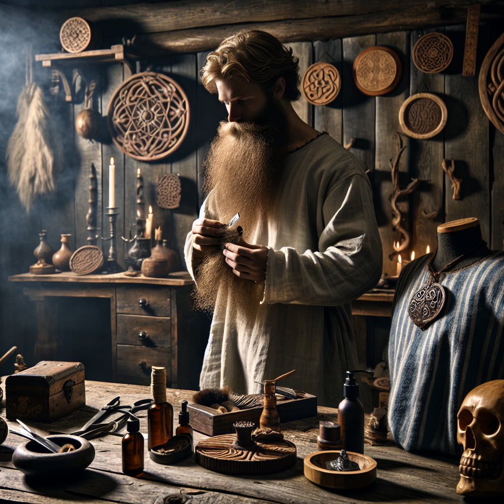 A Viking man grooming his beard using traditional beard care products.