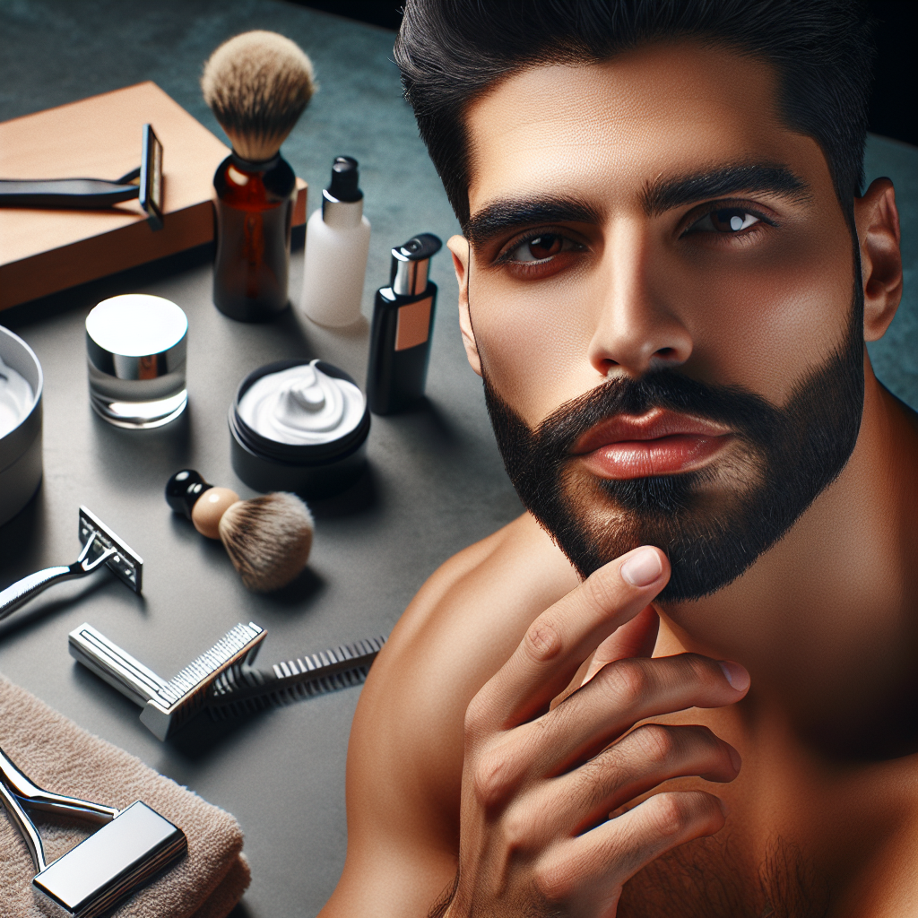 Realistic image of a well-groomed man with grooming products.