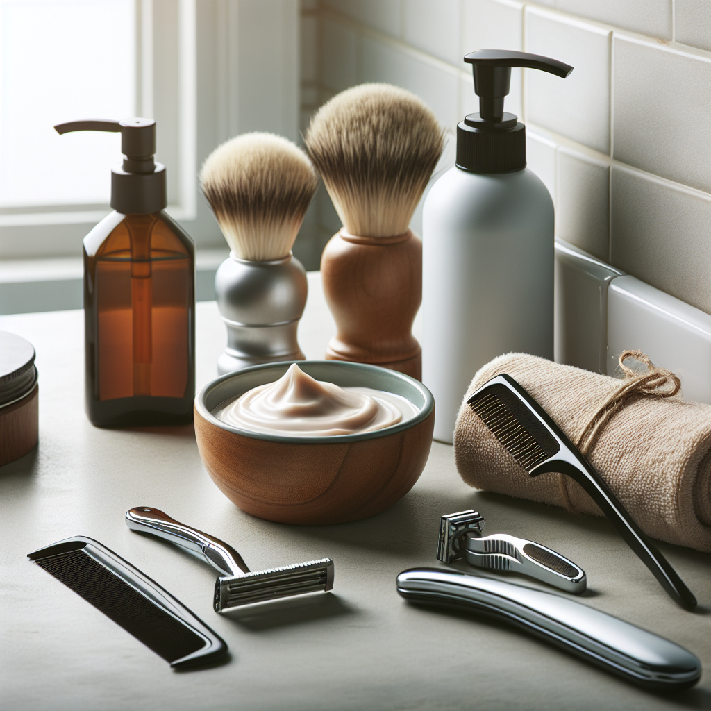A realistic men's grooming setup including a razor, shaving cream, and comb on a bathroom counter with soft, natural lighting.
