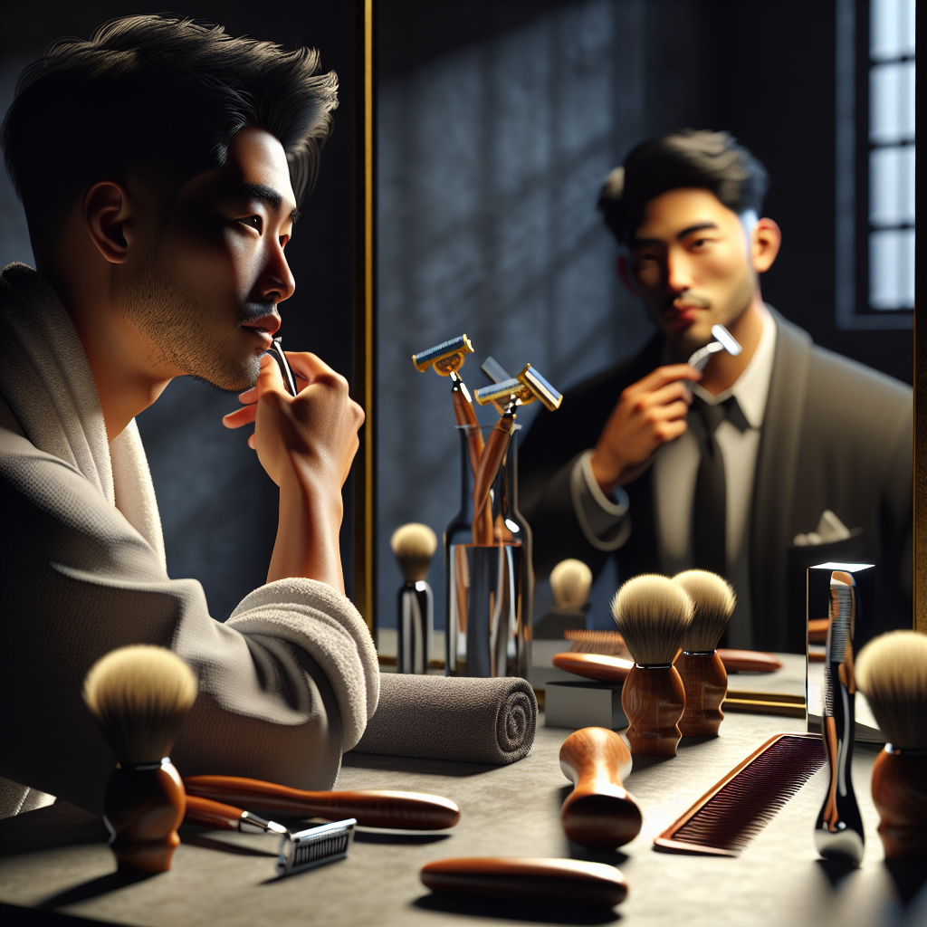 A detailed men's grooming scene with tools like razors, brushes, and combs.