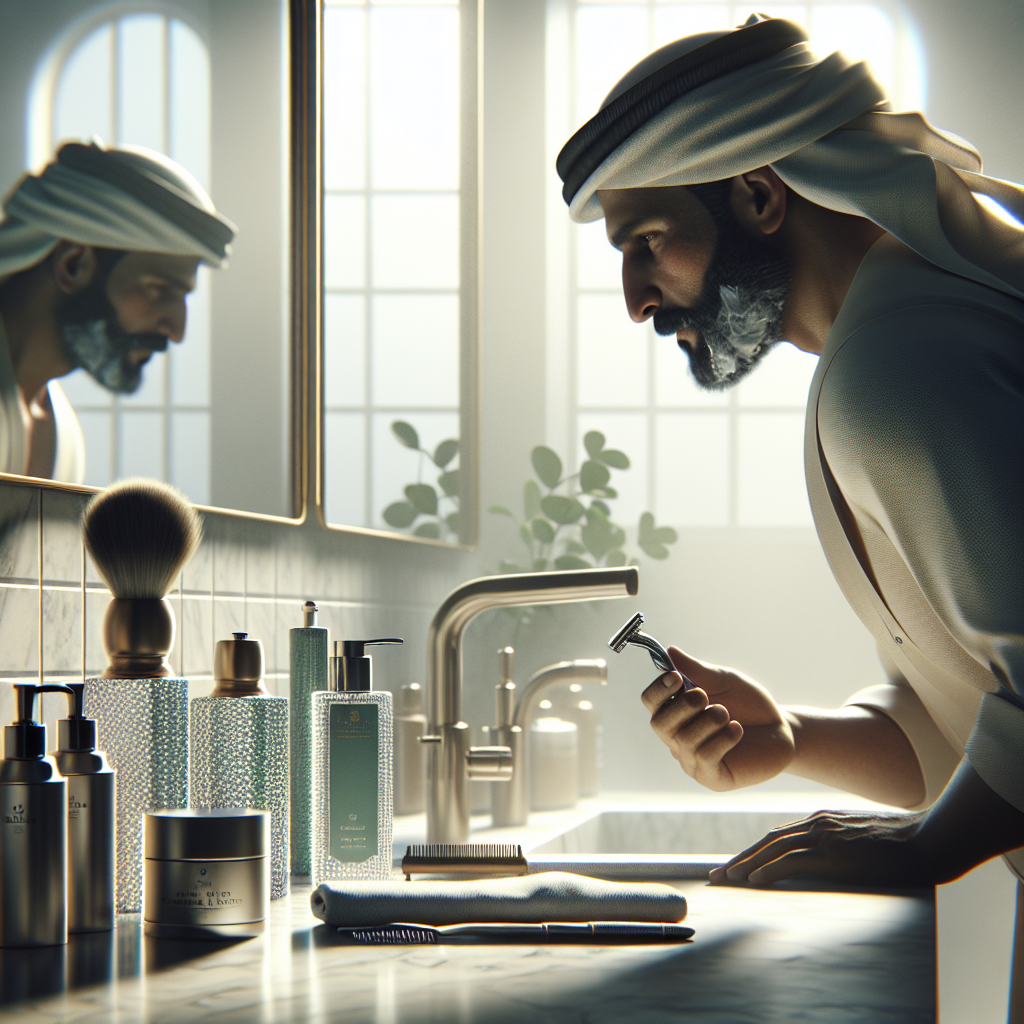 A man during his morning grooming routine in a modern bathroom.