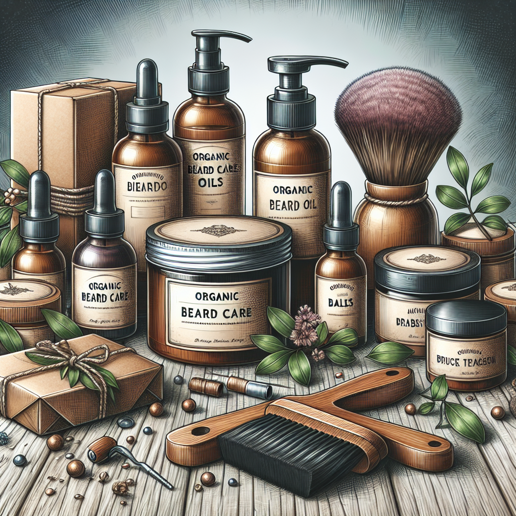 A realistic image of natural beard care products arranged on a rustic wooden surface, featuring oils, balms, and brushes with natural elements like leaves and flowers.