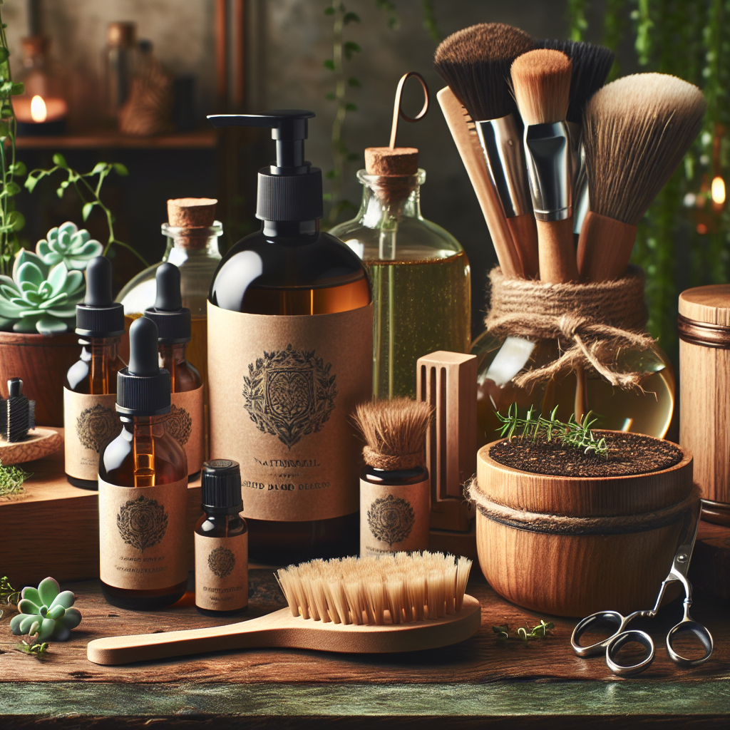 A set of natural beard care products including oils, balms, and brushes, set against a warm and natural backdrop.