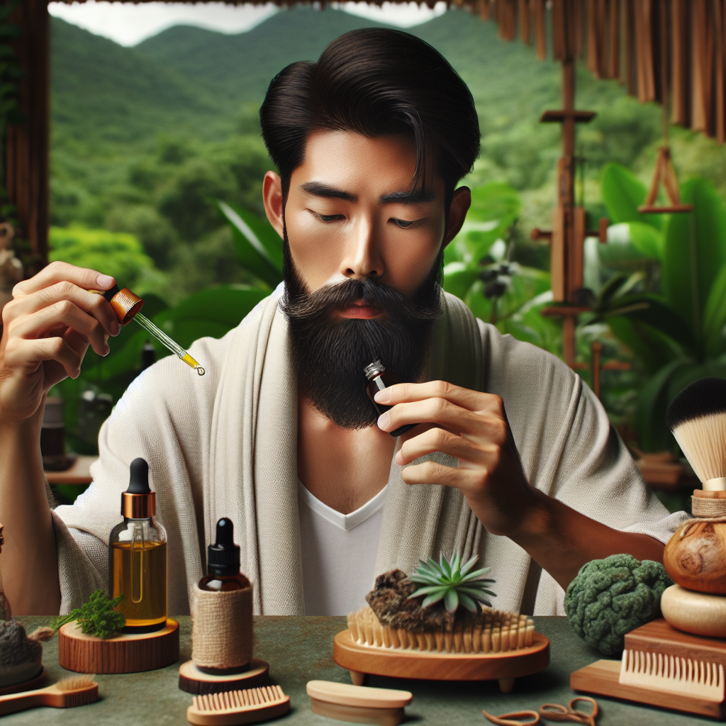 A man applying beard oil with natural beard care products in a serene setting.