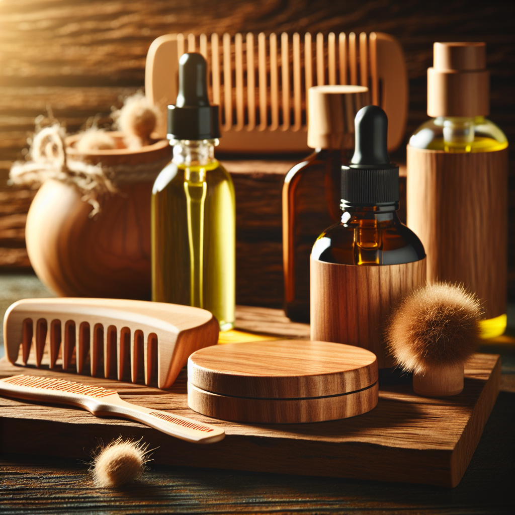 Natural beard care products including a wooden comb, beard oil, and beard balm in a warm and inviting setting.