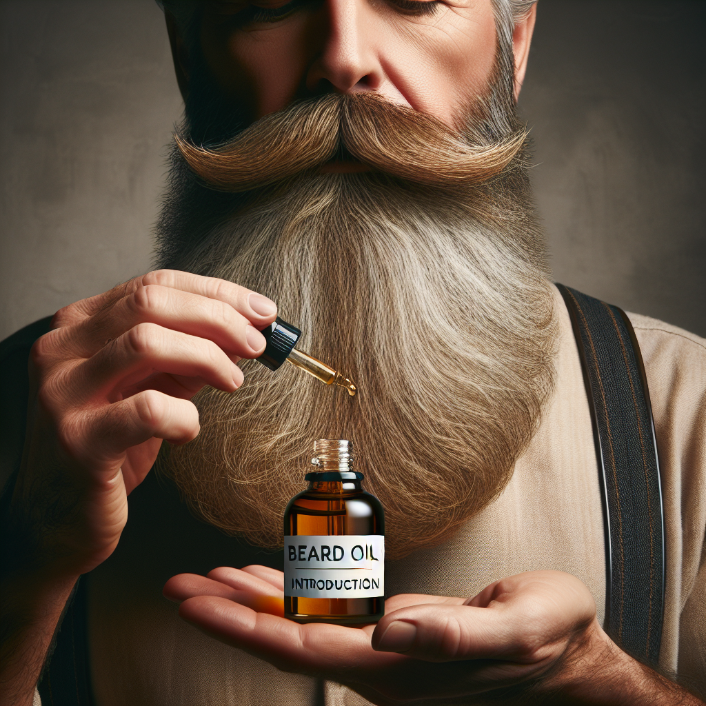 A man applying beard oil to his well-groomed beard, showcasing the product's benefits and quality.