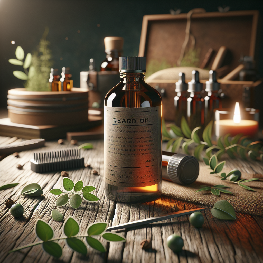 A realistic depiction of a beard oil bottle on a wooden table with natural elements.