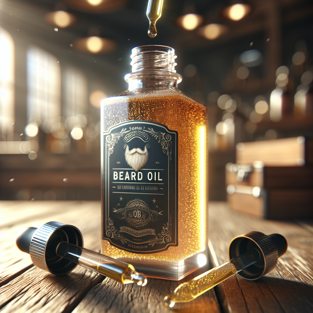 A realistic image of a bottle of beard oil with a dropper on a wooden table.