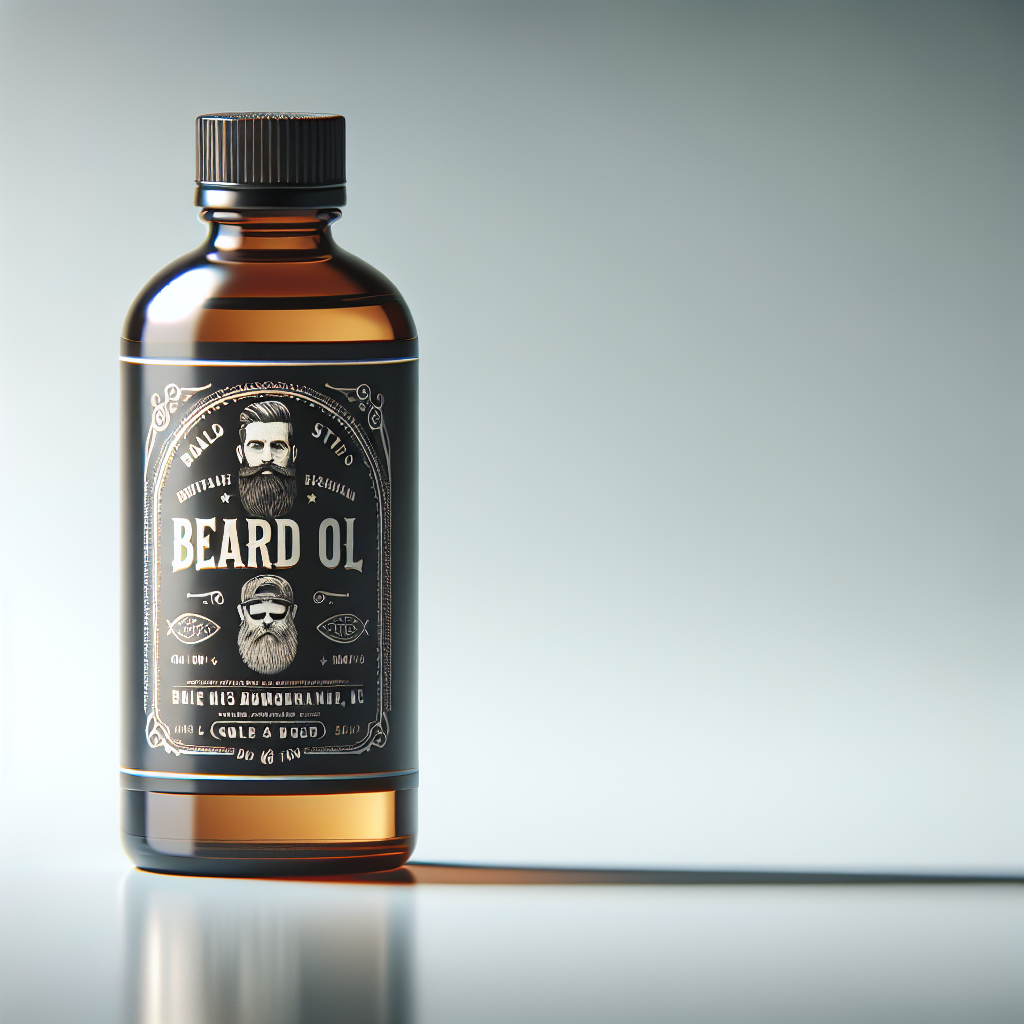 A realistic image of a beard oil bottle with a clear label on a neutral background.