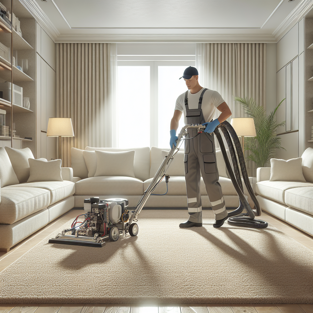 A carpet cleaning technician using advanced equipment in a modern, well-lit living room, emphasizing cleanliness and professional service.