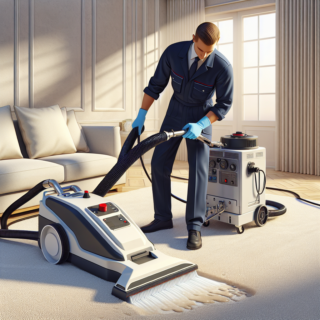 Bottom half of a carpet cleaning technician in navy-blue uniform, using a professional carpet cleaner on a stained beige carpet, in a bright, clean home environment.