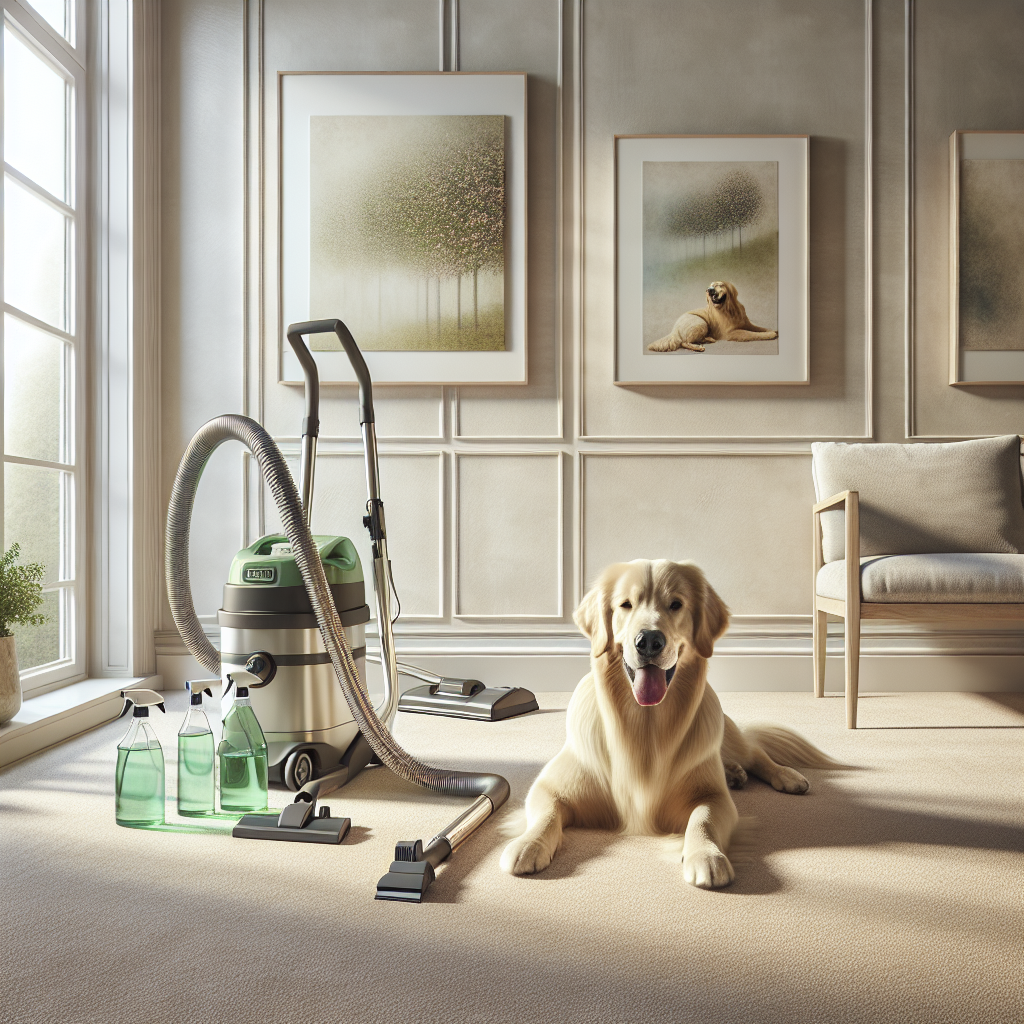 Pristine beige carpet in a well-lit room with a golden retriever, modern vacuum cleaner, eco-friendly cleaning solutions, and wall art emphasizing cleanliness.