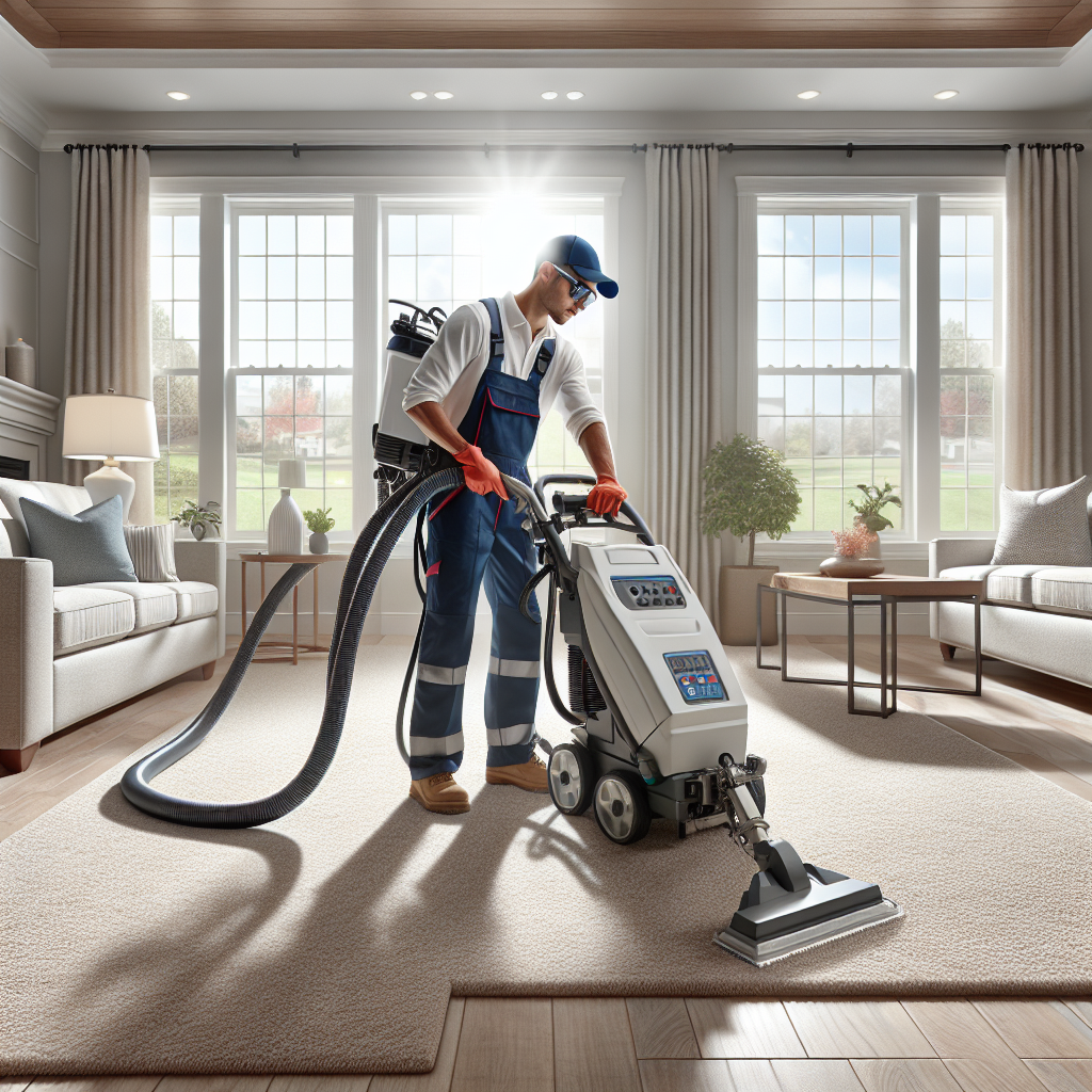 An employee from Done Right Carpet Cleaning using a carpet cleaning machine in a sunny household room with freshly cleaned areas.