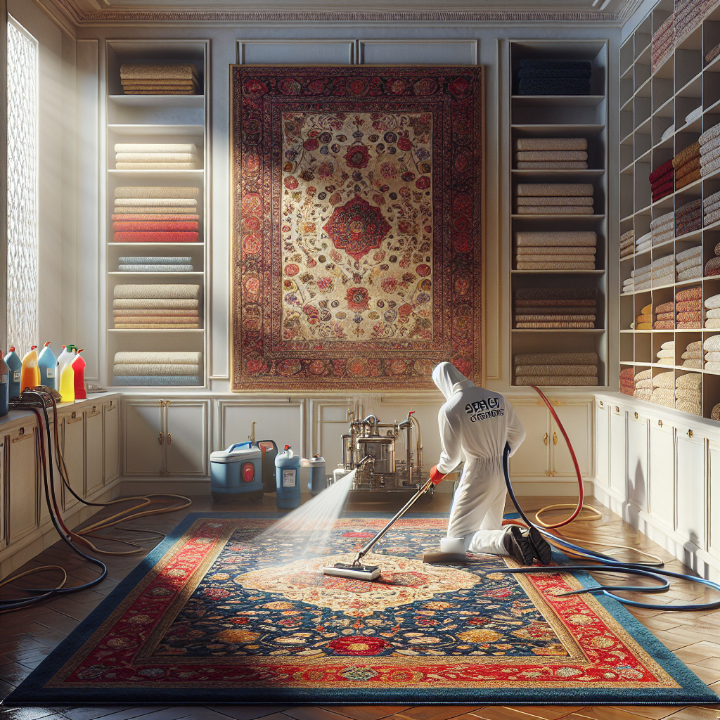 A professional rug cleaner treating a colorful Oriental rug with a steam cleaning machine in a bright, well-organized room.