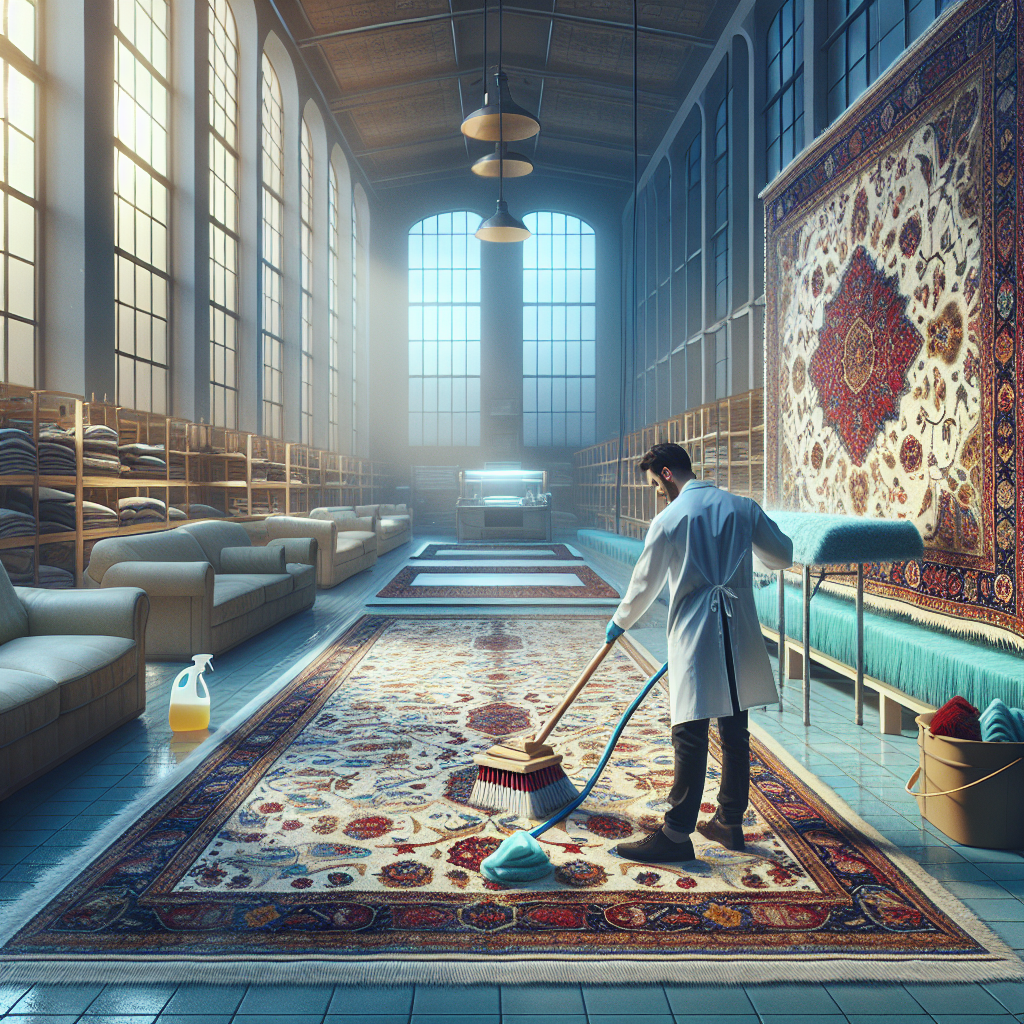 A detailed and realistic depiction of a professional rug cleaning service in Omaha, showing a technician carefully treating an ornate Oriental rug in a bright and clean workshop.