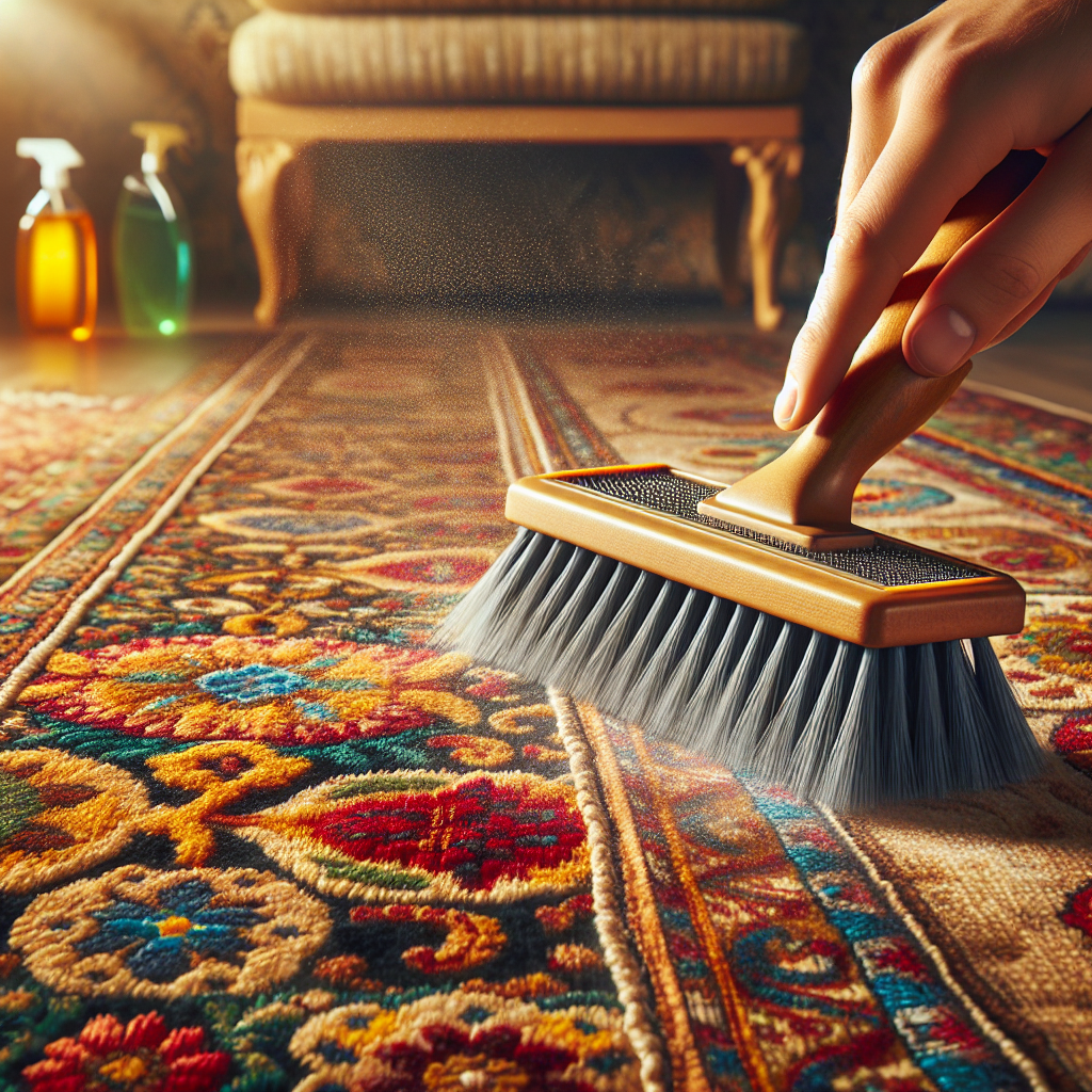 Professional rug cleaning tools and solutions on an ornately patterned oriental rug, with a gentle brush removing dust.