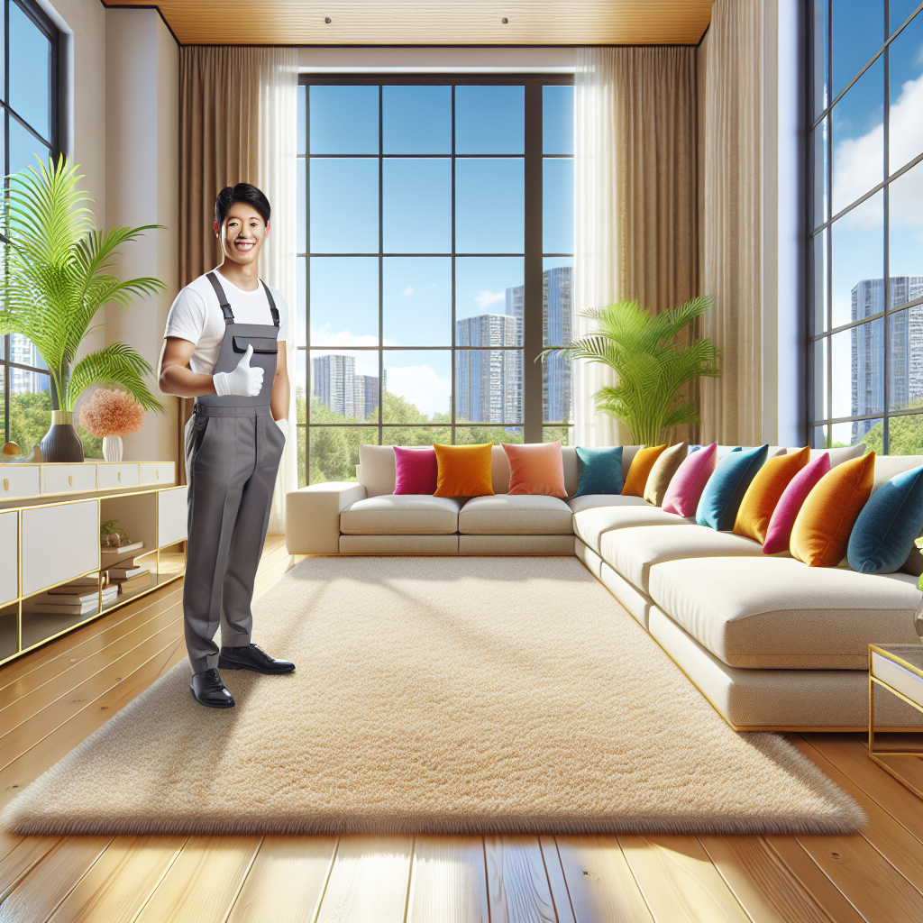 A realistic image of a pristine carpet in a well-lit, cozy living room with a modern sofa and a satisfied customer showing a thumbs-up.