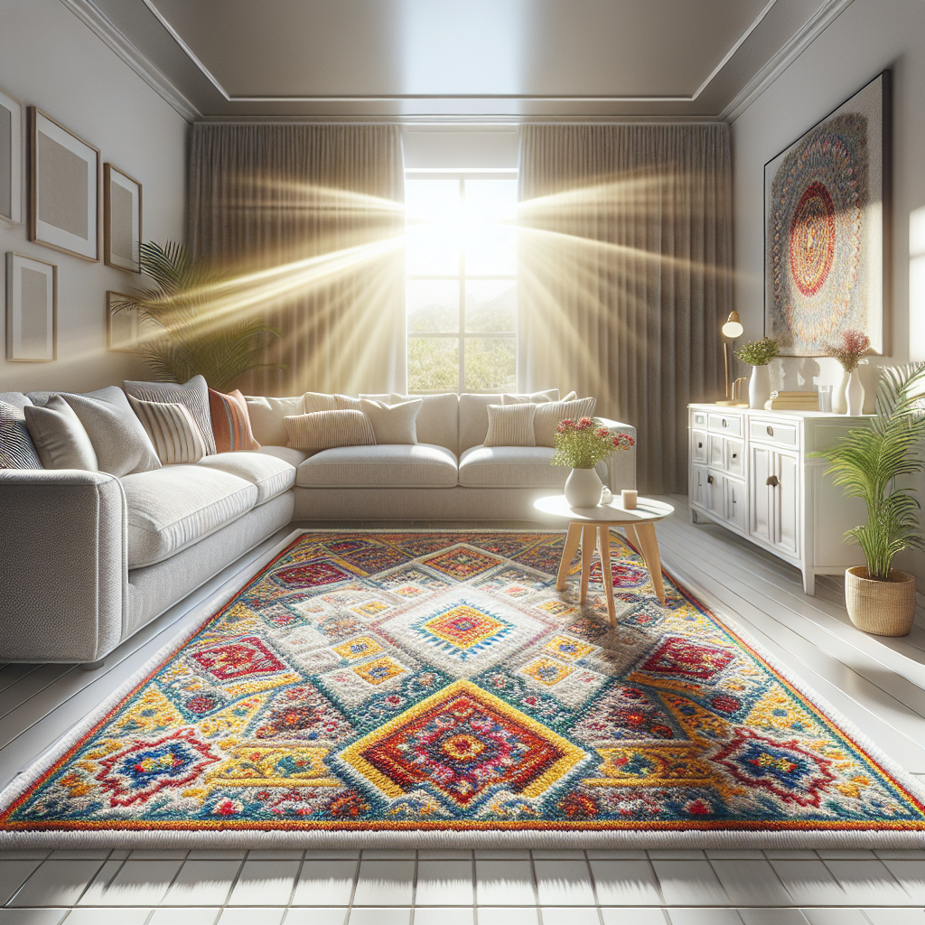 A photo-realistic interior of a living room with a bright, clean, and colorfully patterned carpet and comfortable furnishings, bathed in natural light, evoking a sense of freshness and cleanliness.