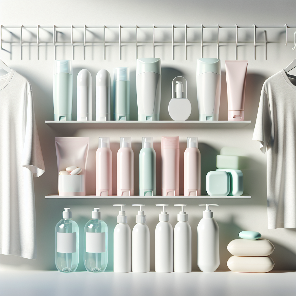 Deodorants and antibacterial soaps on a shelf with a cotton t-shirt, representing hygiene and body odour prevention.