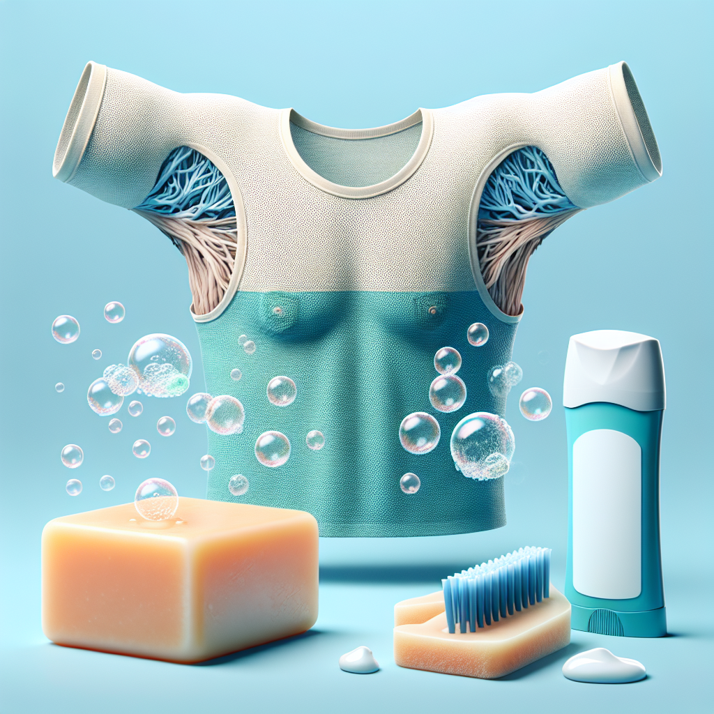 A cartoonish yet realistic depiction of armpit odor prevention with antibacterial soap, an antiperspirant stick, and a breathable cotton shirt on a light blue background, symbolizing hygiene and freshness.