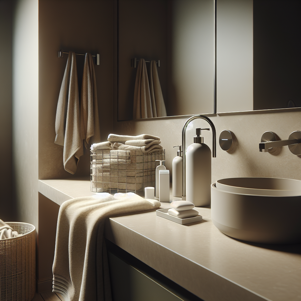 A modern bathroom with a focus on cleanliness and a hygiene kit including antibacterial soap and deodorant on the countertop.