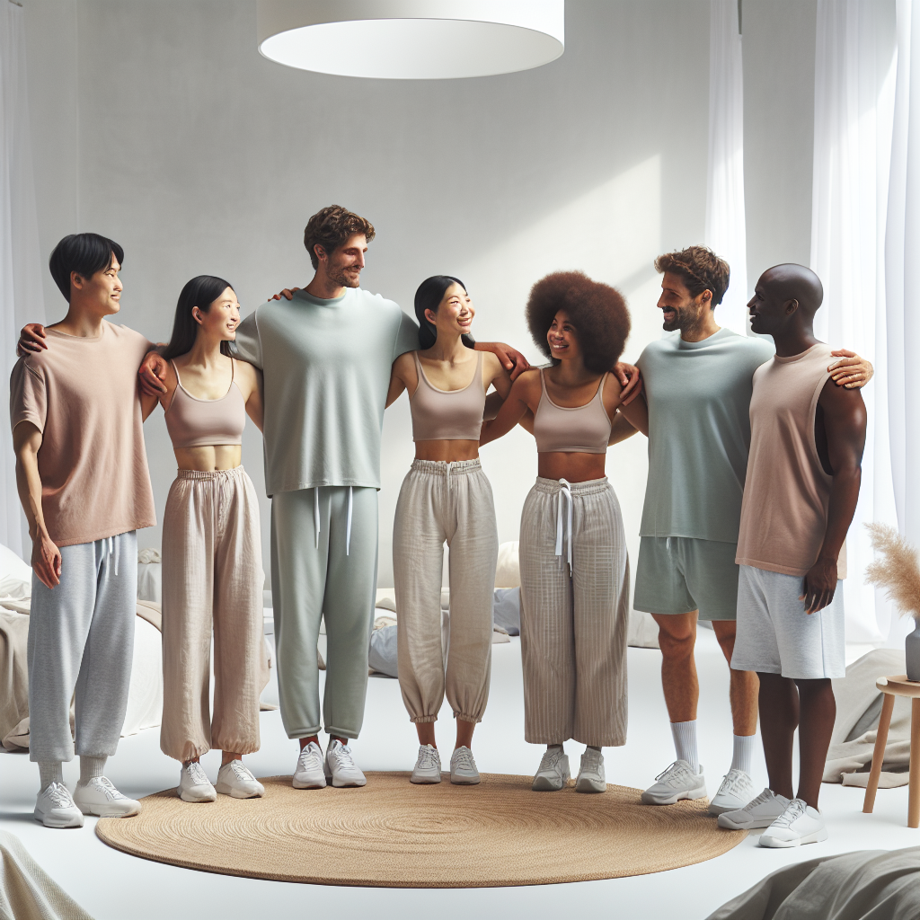 A diverse group of people in breathable fabrics, standing closely in a circle in a clean, fresh environment, representing community and hygiene.