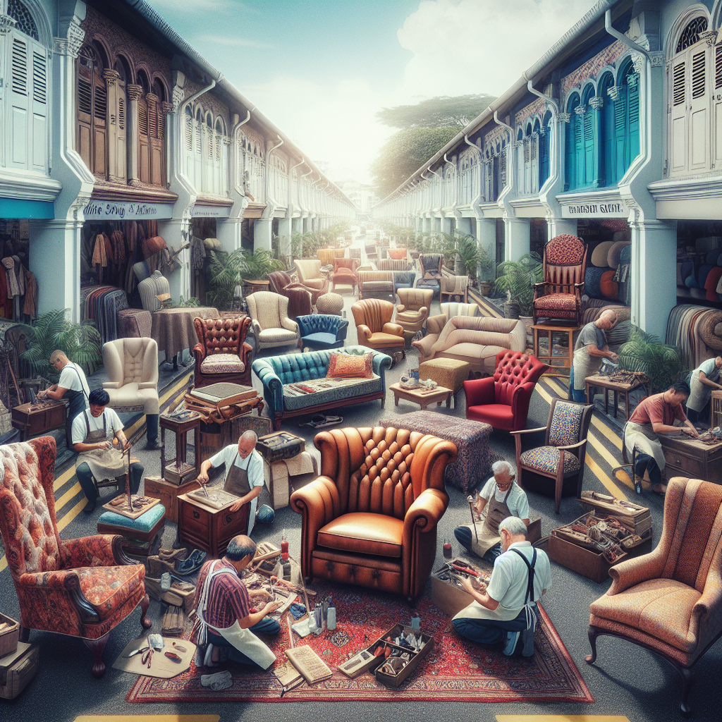 A bustling street scene in Joo Chiat, Singapore, with upholsters working on furniture outside a shop.