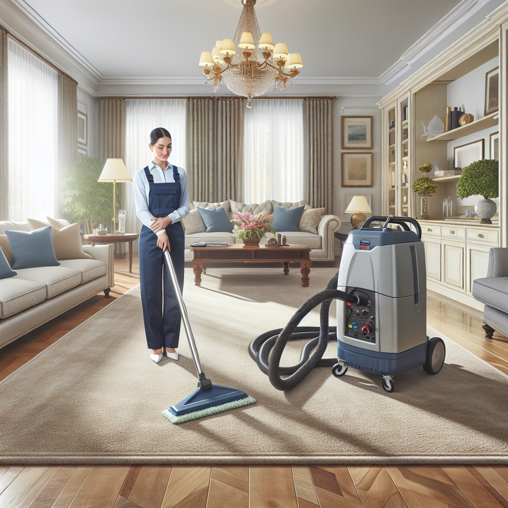 A realistic scene of a carpet cleaning service in a warm, elegant living room, with a service person using an eco-friendly machine on a luxurious carpet.