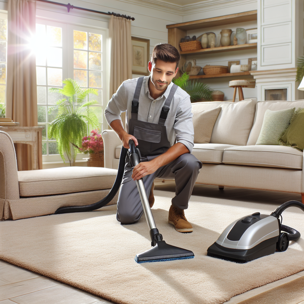 Uniformed carpet cleaner using a high-tech machine on a beige carpet in a sunny, cozy Omaha home, highlighting the contrast between the cleaned and dirty areas.