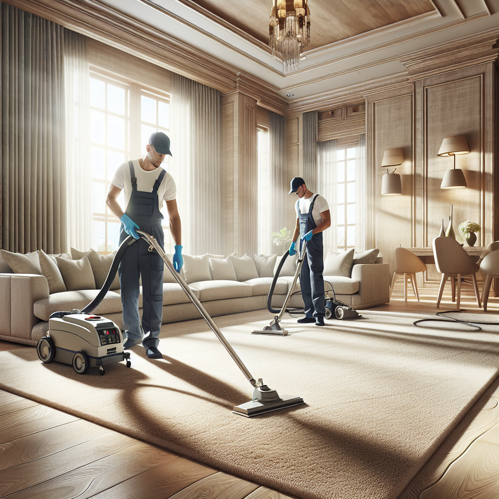 A team of professional carpet cleaners using high-end equipment in a bright, luxurious living room.