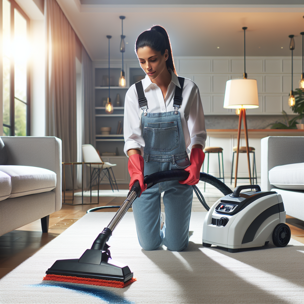 A professional carpet cleaning technician using a steam cleaner on a carpet, removing a vibrant stain in a bright, modern home interior.