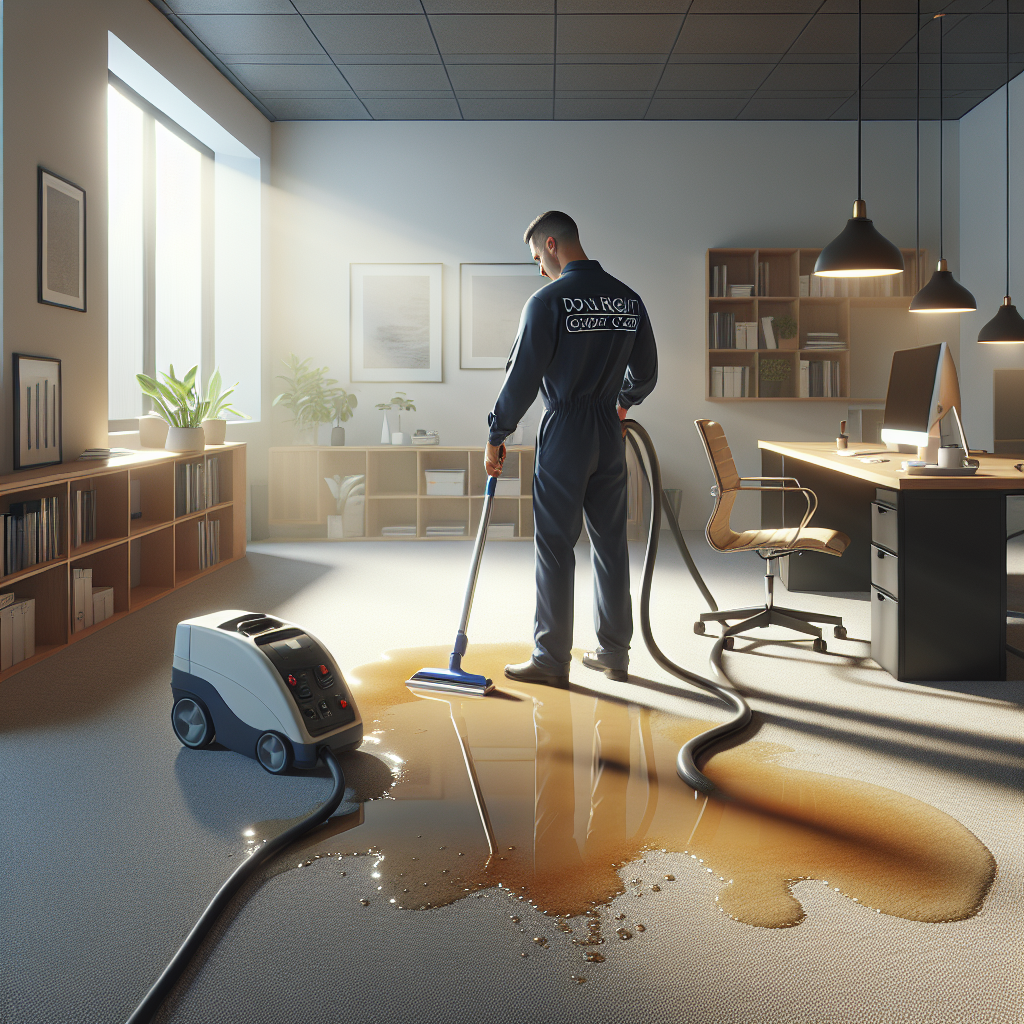 Modern office with bright light highlighting a carpet cleaner removing a coffee stain from a beige carpet.