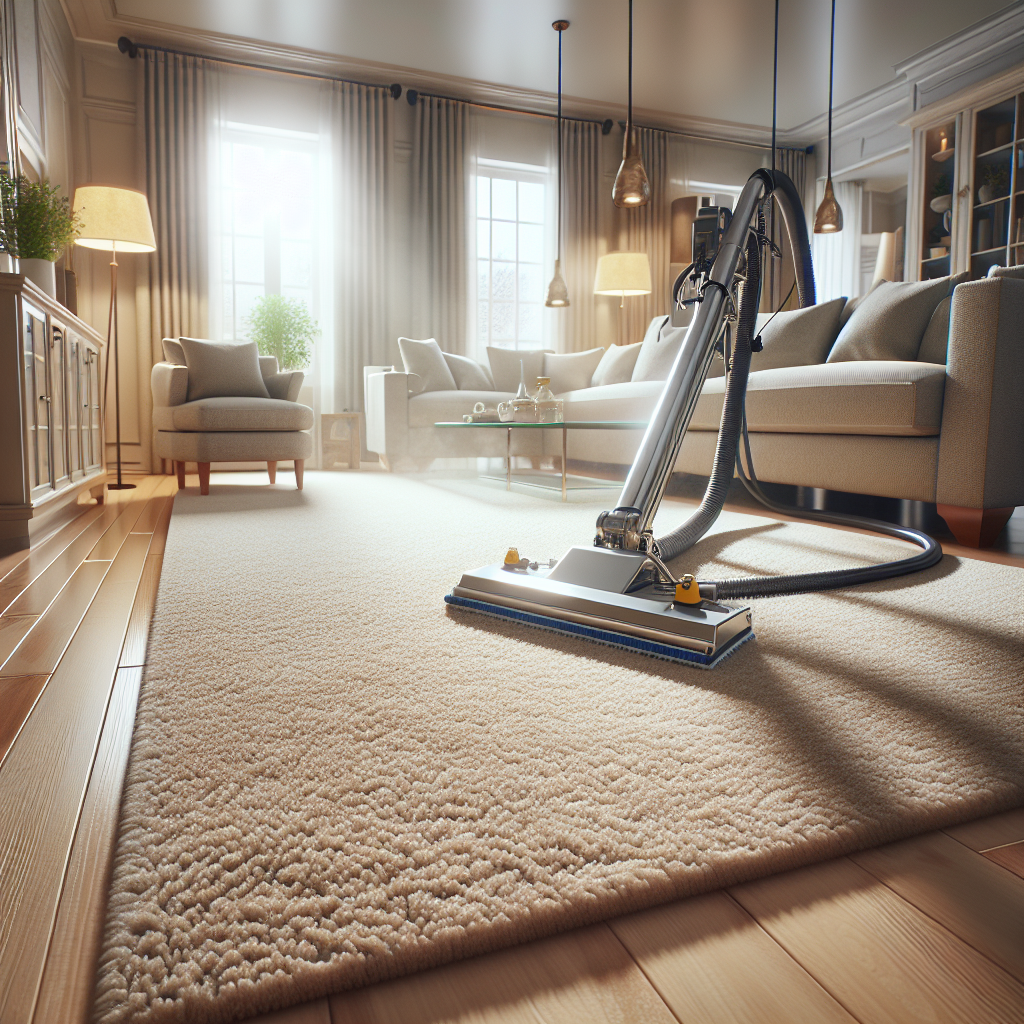 A professional carpet cleaning technician using modern equipment on a beige carpet within a bright, high-end home interior, illustrating efficient same-day cleaning service.