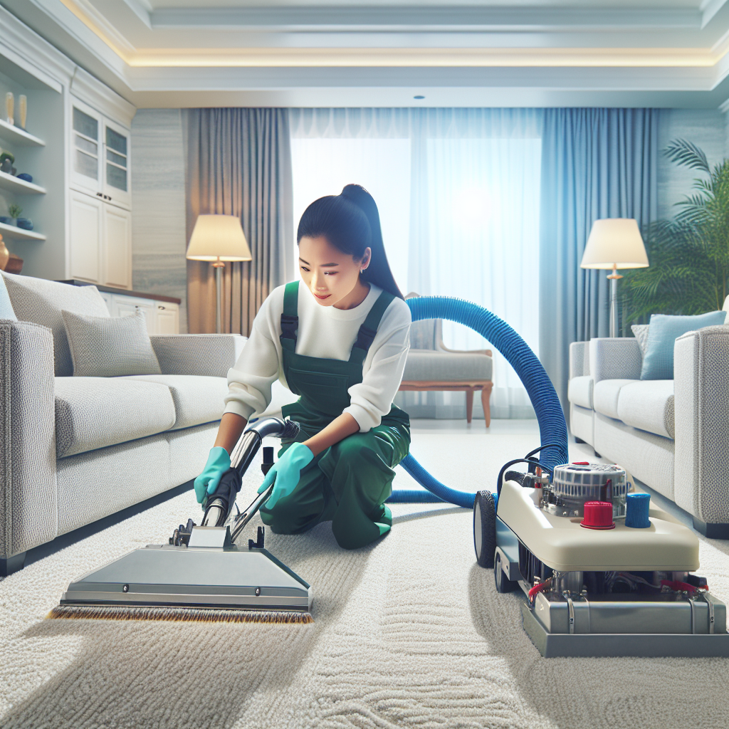 A professional carpet cleaning technician using advanced equipment on a vibrant and clean carpet in a bright, modern living room, highlighting the rejuvenated textures and colors post-cleaning.