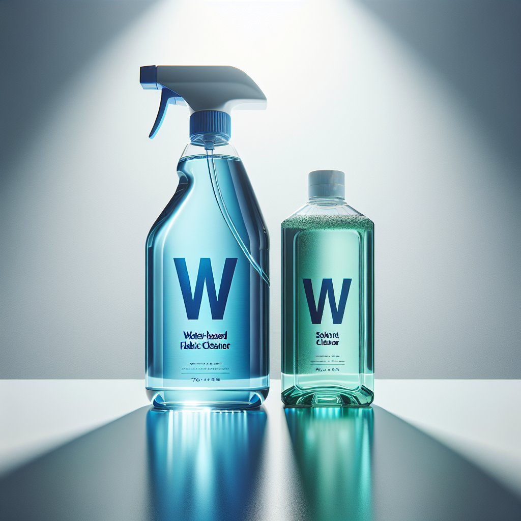 Two bottles of fabric cleaner on a white surface, one labeled 'W' with blue liquid, the other 'WS' with greenish liquid, under bright light.