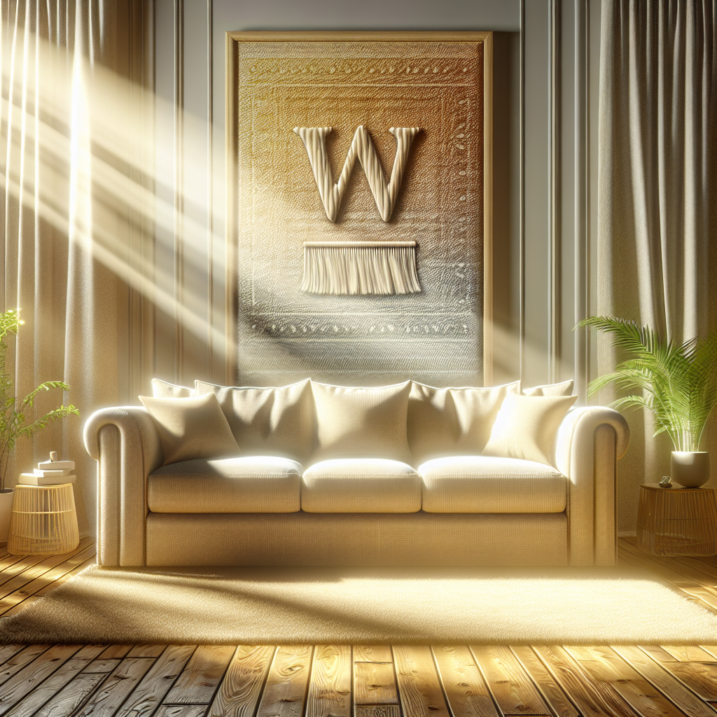 Close-up of a sofa fabric swatch showing 'W' and 'WS' cleaning codes, set in a sunlit living room.