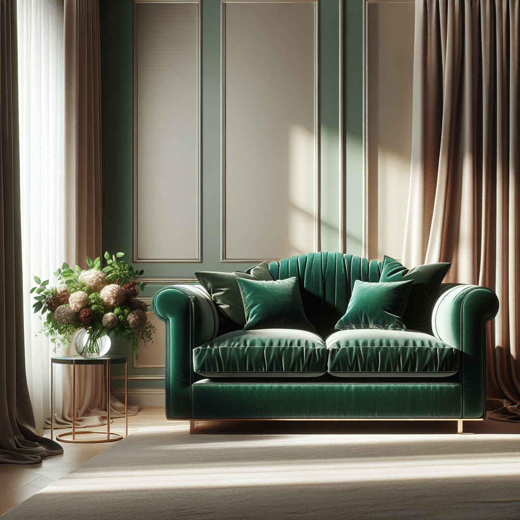 Emerald green luxurious sofa with a fabric code tag in an elegant, well-lit living room with minimalist decor.