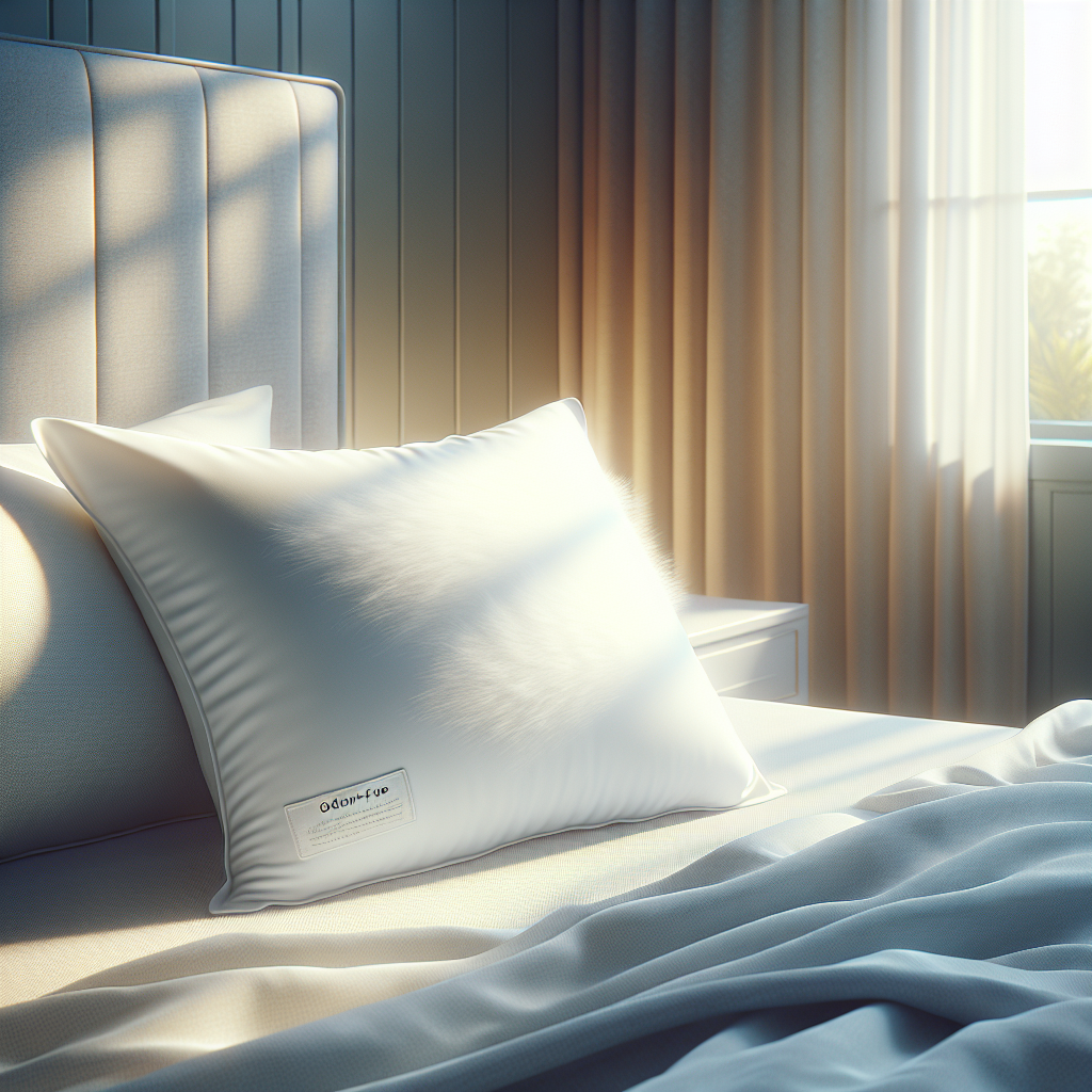 A fluffy white odour-free pillow on a grey bedspread in a bright, clean bedroom with natural light.