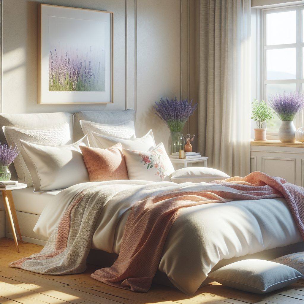 Fresh and clean bedroom with white pillows and lavender, symbolizing odour-free cleanliness.