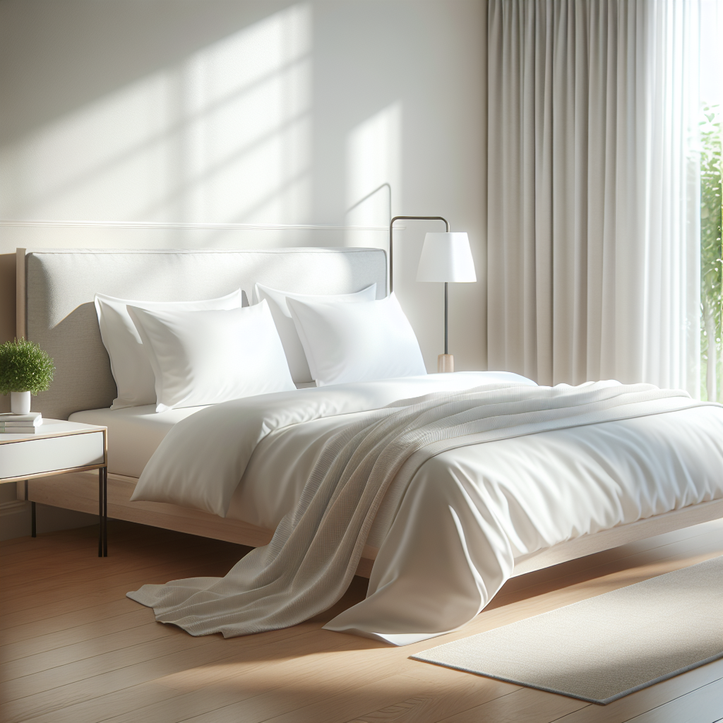 A clean and tidy bedroom focusing on fresh pillows on the bed, with soft natural light and a side table with a potted plant.