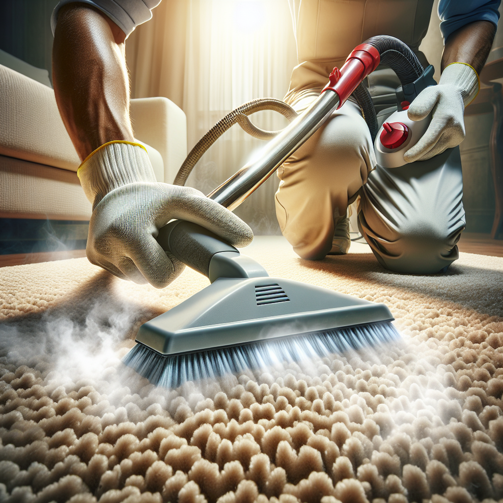 A professional carpet cleaning technician using eco-friendly technology to clean a textured beige carpet, showing before and after effects.