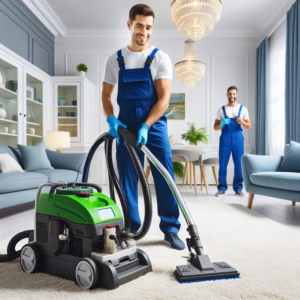 Eco-friendly carpet cleaning machine being demonstrated by a professional cleaner in a bright room with white carpeting, and a pleased customer in the background, logo not visible.