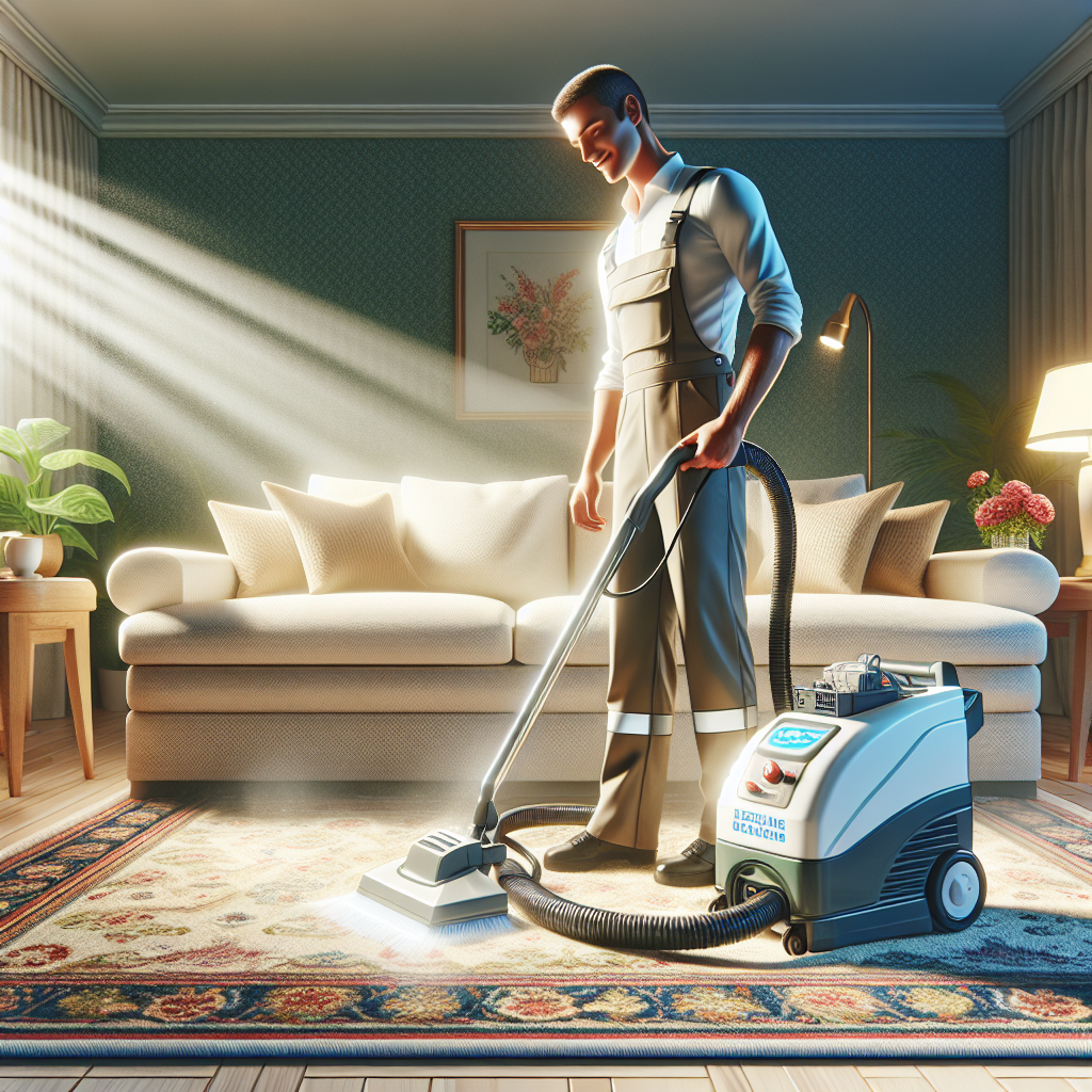 A professional cleaner from Pinnacle Carpet Cleaning Omaha is using eco-friendly technology to clean a vibrant, patterned carpet in a sunny living room, reflecting a sense of cleanliness and attention to detail.