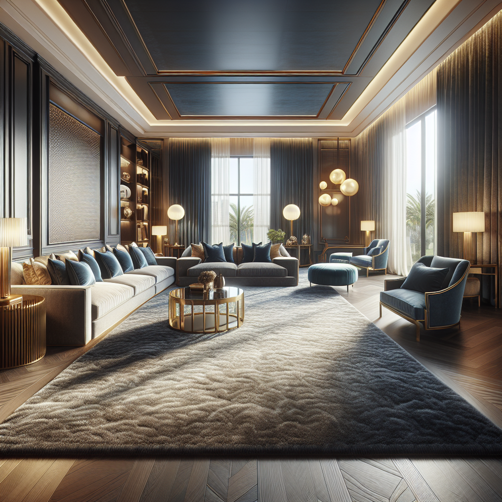 A realistic image of a luxurious living room with a navy blue Shaw carpet and elegant furniture bathed in natural light, with no text visible.