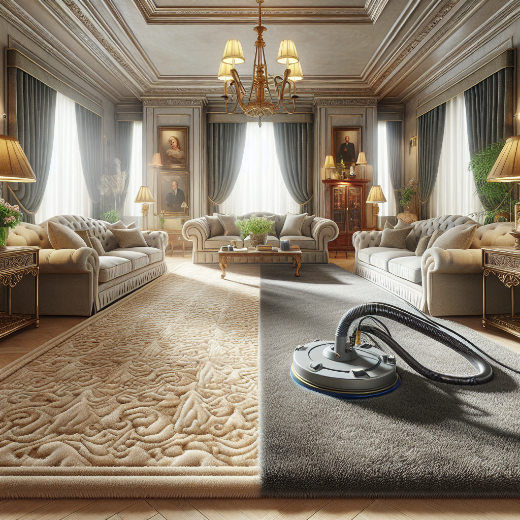 Interior scene of a cozy living room with clean and dirty sides of a Shaw carpet being professionally cleaned, showing a contrast.