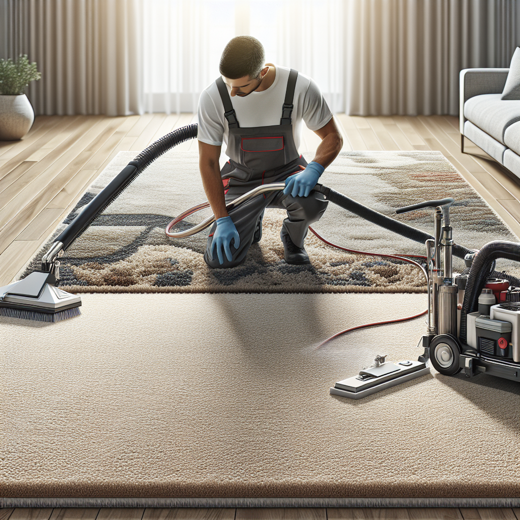 Realistic image of a carpet cleaning service worker using equipment on a Shaw carpet in a bright living room.